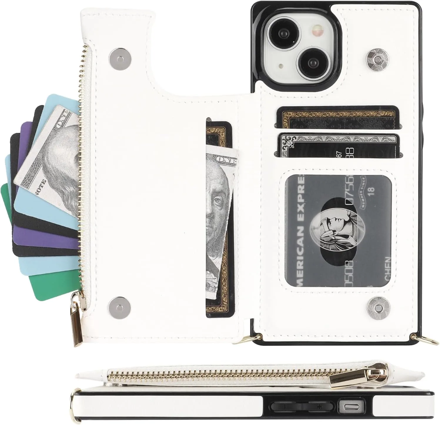 Bocasal Crossbody Wallet Case for iPhone 15 with RFID Blocking Card Slot Holder, Magnetic Flip Folio Purse Case, PU Leather Zipper Handbag with Detachable Lanyard Strap 6.1 Inch 5G (White)
