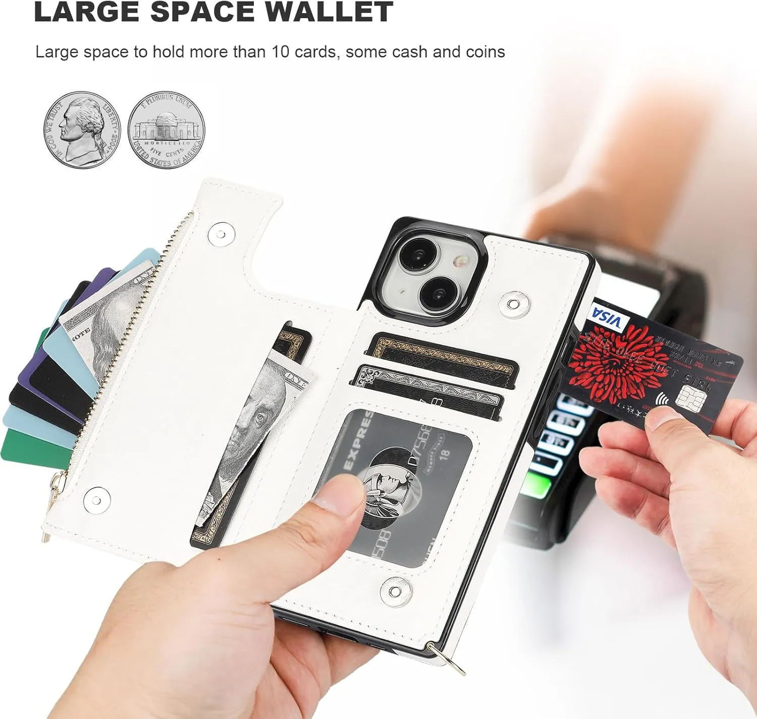 Bocasal Crossbody Wallet Case for iPhone 15 with RFID Blocking Card Slot Holder, Magnetic Flip Folio Purse Case, PU Leather Zipper Handbag with Detachable Lanyard Strap 6.1 Inch 5G (White)