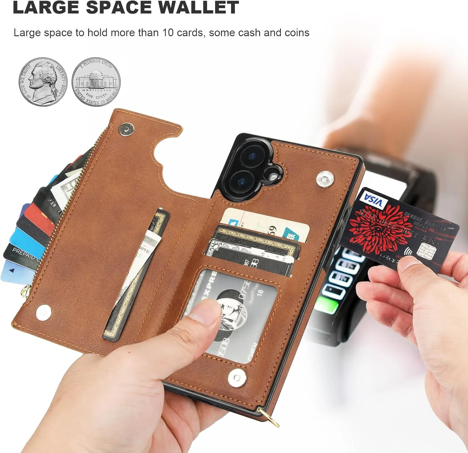 Bocasal Crossbody Wallet Case for iPhone 16 Plus with RFID Blocking Card Slot Holder, Magnetic Flip Folio Purse Case, PU Leather Zipper Handbag with Detachable Lanyard Strap 6.7 Inch 5G (Brown)