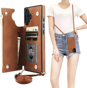 Bocasal Crossbody Wallet Case for iPhone 16 Plus with RFID Blocking Card Slot Holder, Magnetic Flip Folio Purse Case, PU Leather Zipper Handbag with Detachable Lanyard Strap 6.7 Inch 5G (Brown)