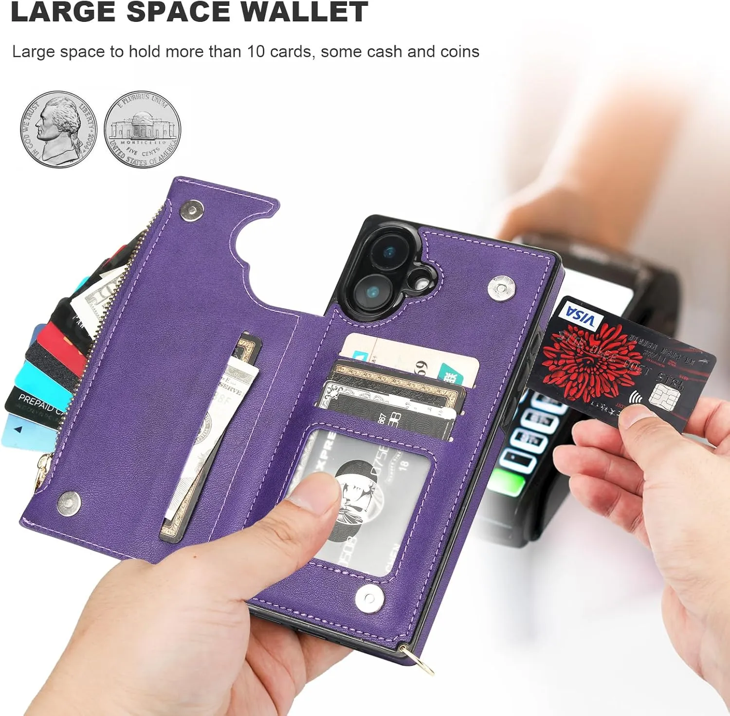 Bocasal Crossbody Wallet Case for iPhone 16 Plus with RFID Blocking Card Slot Holder, Magnetic Flip Folio Purse Case, PU Leather Zipper Handbag with Detachable Lanyard Strap 6.7 Inch 5G (Purple)