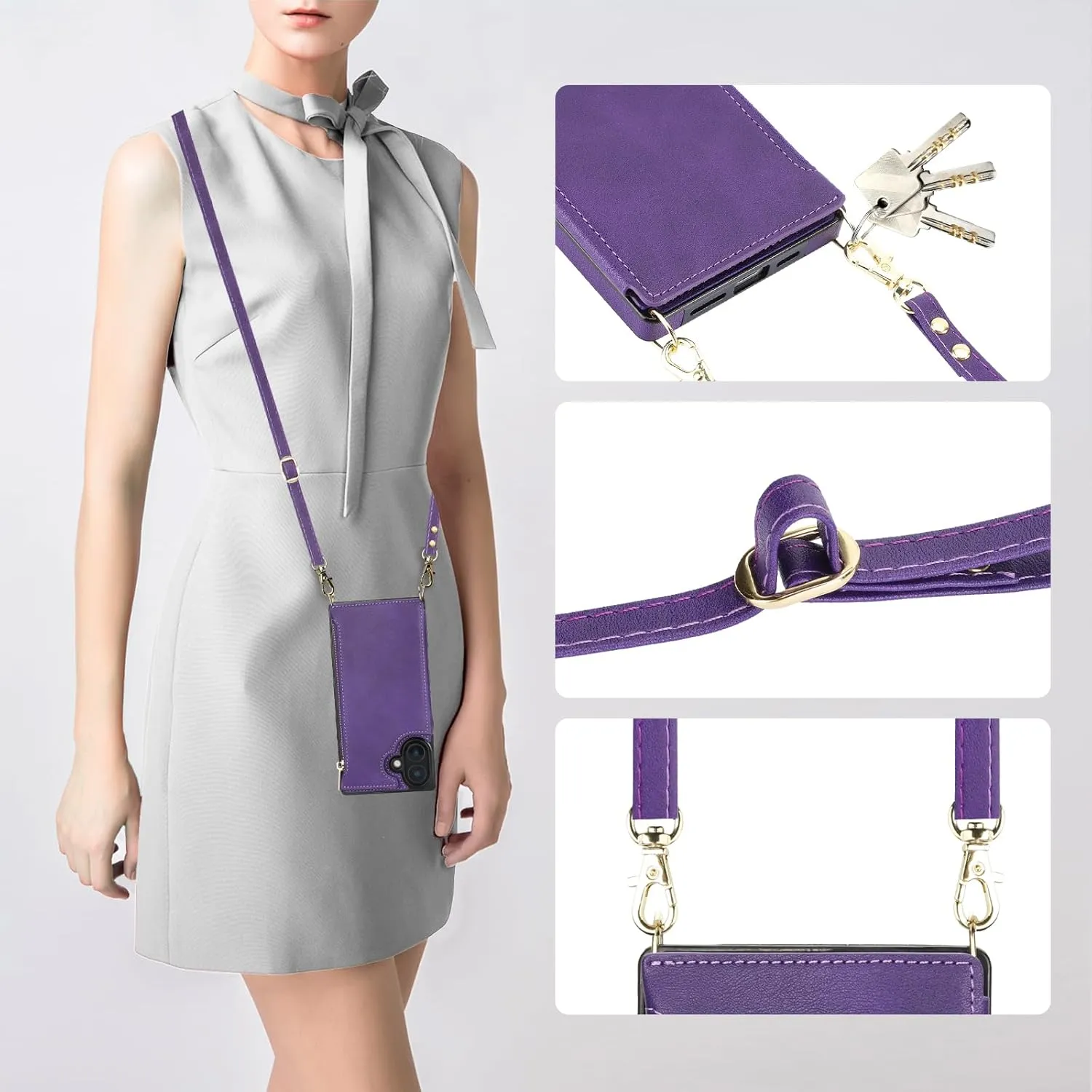 Bocasal Crossbody Wallet Case for iPhone 16 Plus with RFID Blocking Card Slot Holder, Magnetic Flip Folio Purse Case, PU Leather Zipper Handbag with Detachable Lanyard Strap 6.7 Inch 5G (Purple)