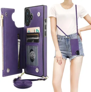 Bocasal Crossbody Wallet Case for iPhone 16 Plus with RFID Blocking Card Slot Holder, Magnetic Flip Folio Purse Case, PU Leather Zipper Handbag with Detachable Lanyard Strap 6.7 Inch 5G (Purple)
