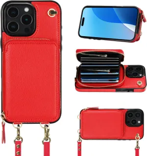 Bocasal Crossbody Wallet Case for iPhone 16 Pro Max, RFID Blocking Leather Purse Case with Card Holder, Protective Handbag Flip Cover with Zipper Wrist Strap Lanyard for Women 5G 6.9 Inch (Red)