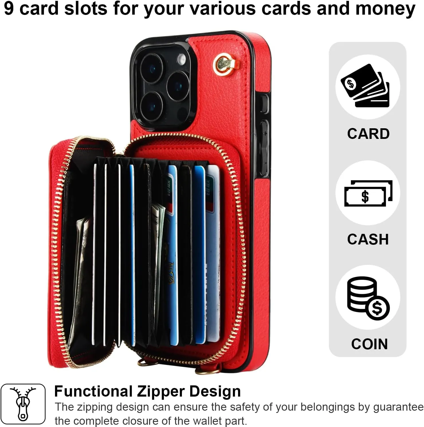 Bocasal Crossbody Wallet Case for iPhone 16 Pro Max, RFID Blocking Leather Purse Case with Card Holder, Protective Handbag Flip Cover with Zipper Wrist Strap Lanyard for Women 5G 6.9 Inch (Red)