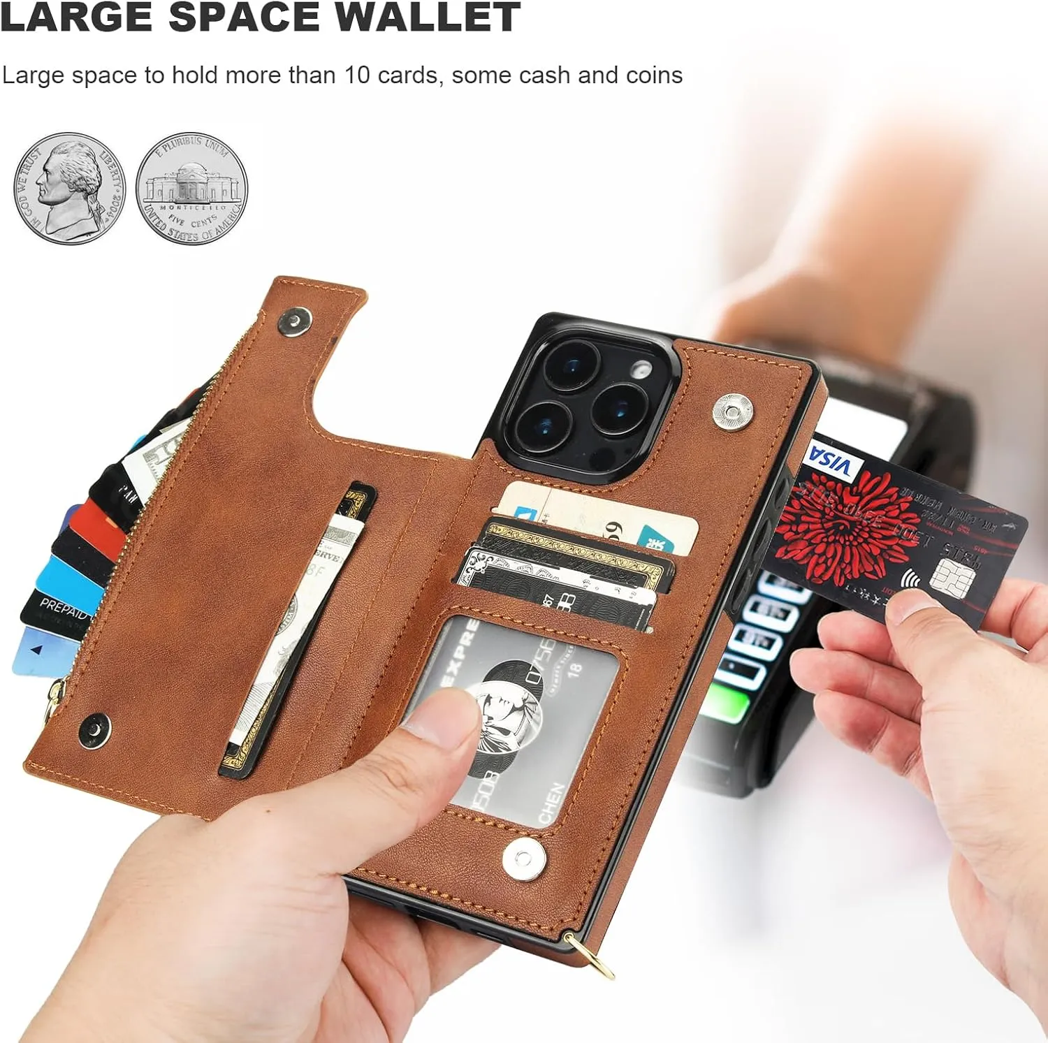 Bocasal Crossbody Wallet Case for iPhone 16 Pro Max with RFID Blocking Card Slot Holder, Magnetic Flip Folio Purse Case, PU Leather Zipper Handbag with Detachable Lanyard Strap 6.9 Inch 5G (Brown)