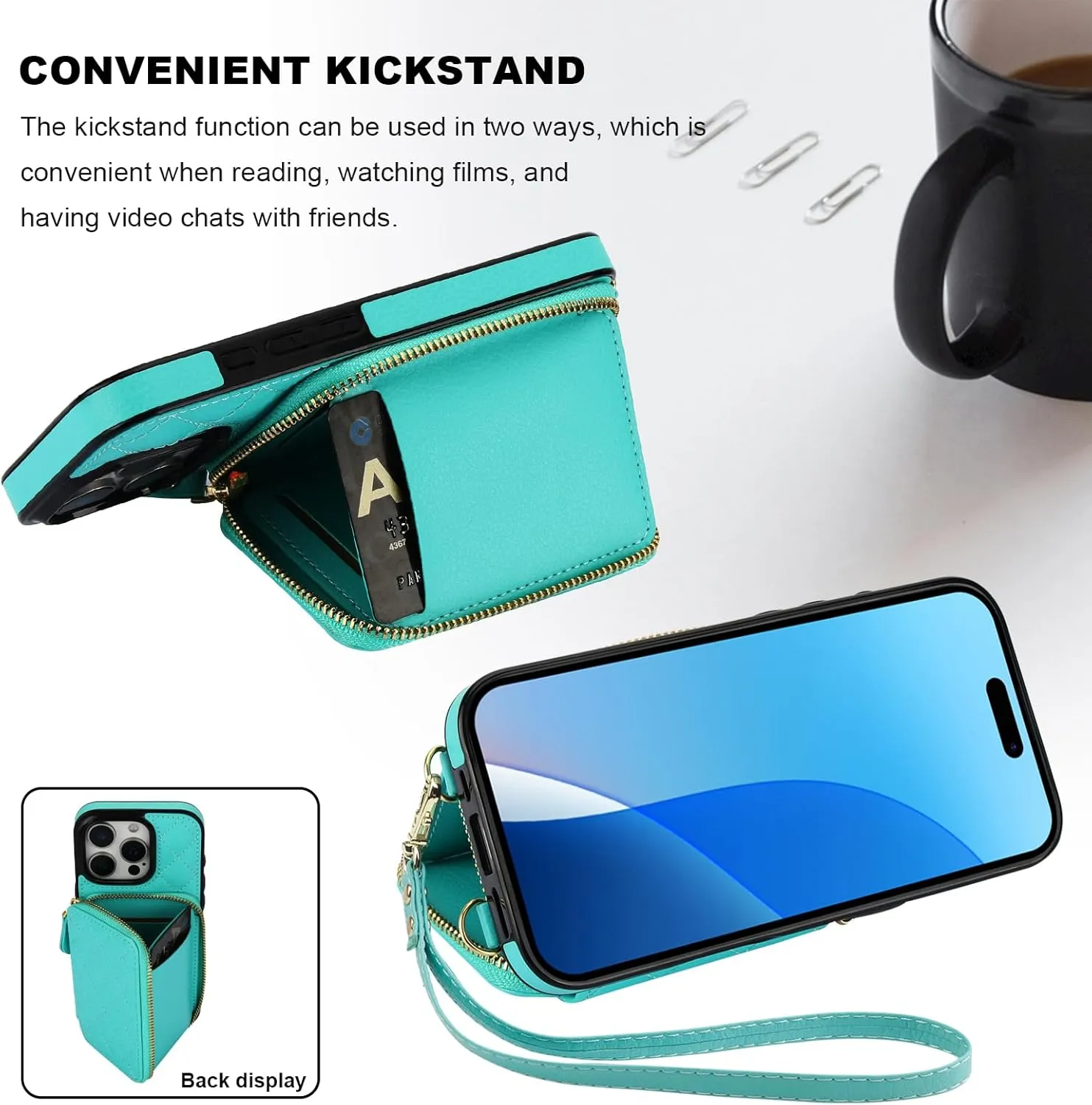 Bocasal Crossbody Wallet Case for iPhone 16 Pro, RFID Blocking PU Leather Zipper Handbag Purse Flip Cover, Kickstand Folio Case with Card Slots Holder Wrist Strap Lanyard 5G 6.3 Inch (Mint Green)