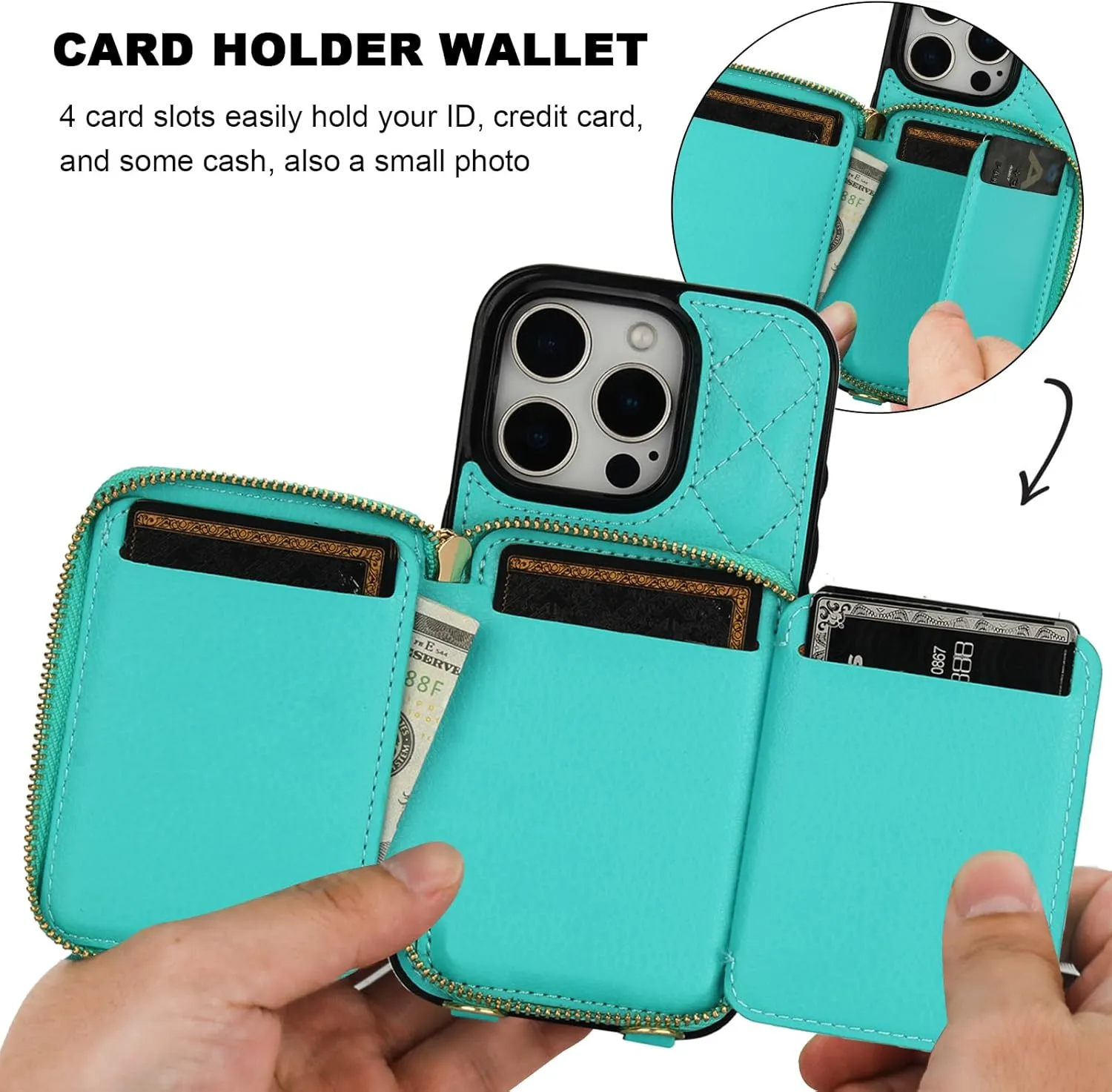 Bocasal Crossbody Wallet Case for iPhone 16 Pro, RFID Blocking PU Leather Zipper Handbag Purse Flip Cover, Kickstand Folio Case with Card Slots Holder Wrist Strap Lanyard 5G 6.3 Inch (Mint Green)