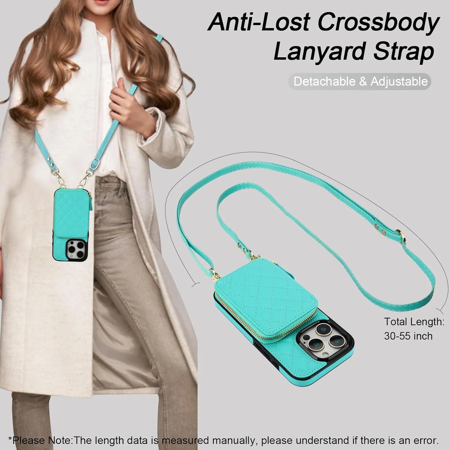 Bocasal Crossbody Wallet Case for iPhone 16 Pro, RFID Blocking PU Leather Zipper Handbag Purse Flip Cover, Kickstand Folio Case with Card Slots Holder Wrist Strap Lanyard 5G 6.3 Inch (Mint Green)