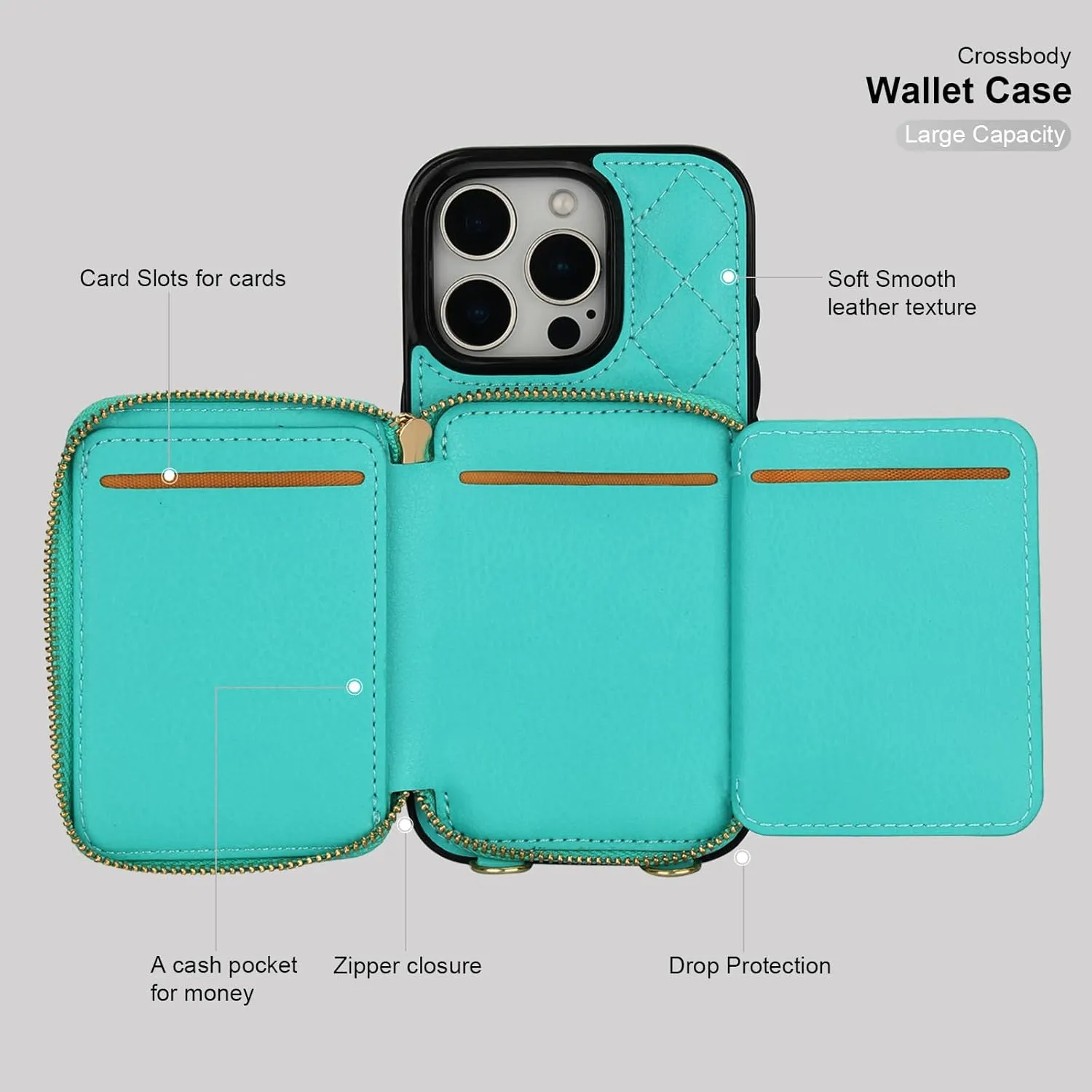 Bocasal Crossbody Wallet Case for iPhone 16 Pro, RFID Blocking PU Leather Zipper Handbag Purse Flip Cover, Kickstand Folio Case with Card Slots Holder Wrist Strap Lanyard 5G 6.3 Inch (Mint Green)