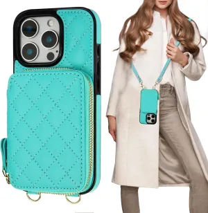 Bocasal Crossbody Wallet Case for iPhone 16 Pro, RFID Blocking PU Leather Zipper Handbag Purse Flip Cover, Kickstand Folio Case with Card Slots Holder Wrist Strap Lanyard 5G 6.3 Inch (Mint Green)