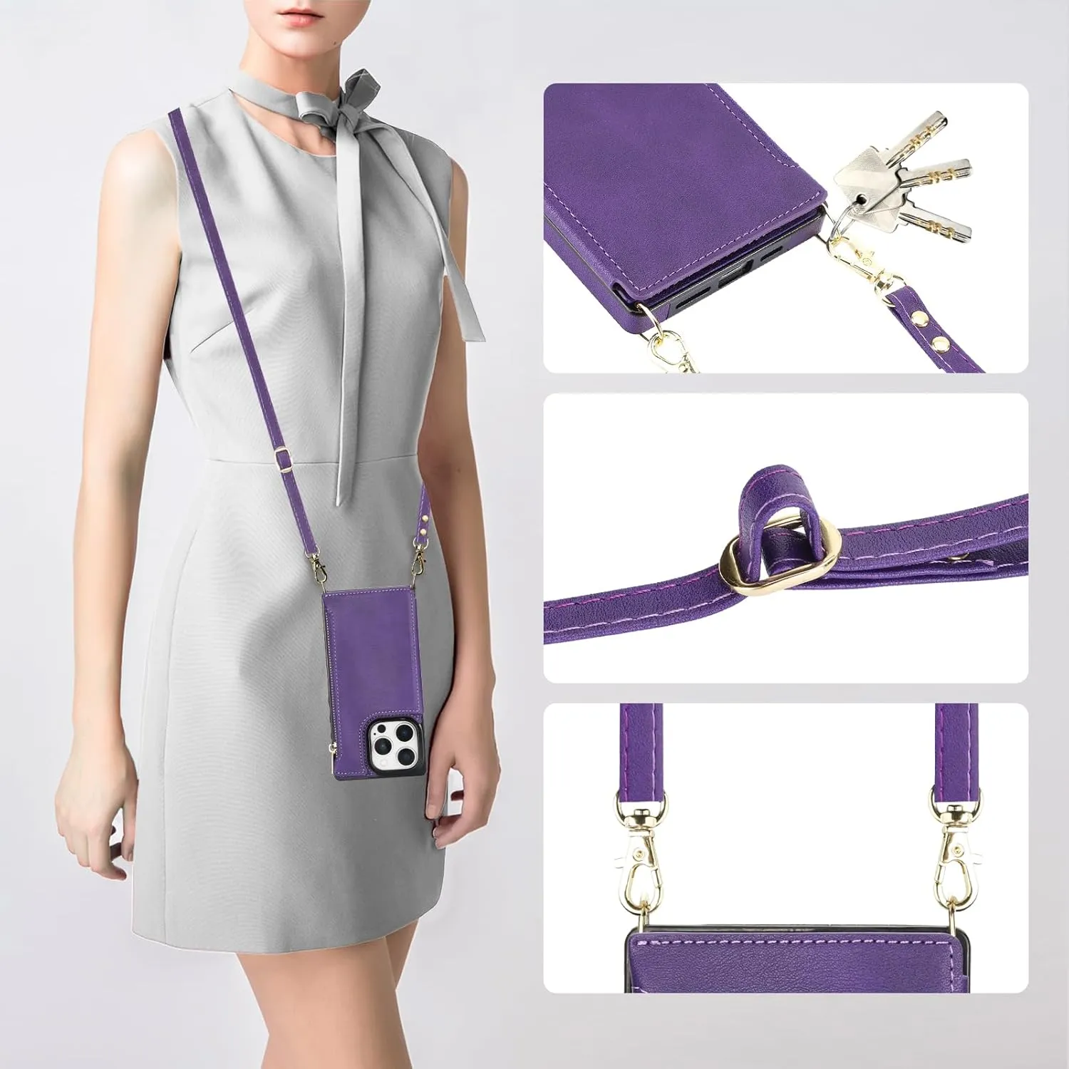 Bocasal Crossbody Wallet Case for iPhone 16 Pro with RFID Blocking Card Slot Holder, Magnetic Flip Folio Purse Case, PU Leather Zipper Handbag with Detachable Lanyard Strap 6.3 Inch 5G (Purple)