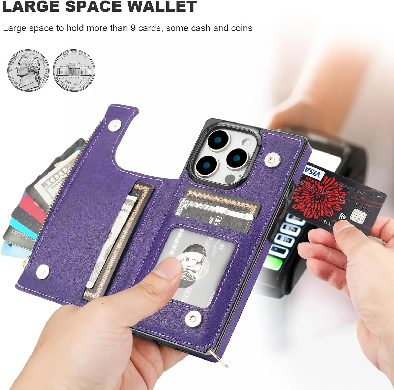 Bocasal Crossbody Wallet Case for iPhone 16 Pro with RFID Blocking Card Slot Holder, Magnetic Flip Folio Purse Case, PU Leather Zipper Handbag with Detachable Lanyard Strap 6.3 Inch 5G (Purple)