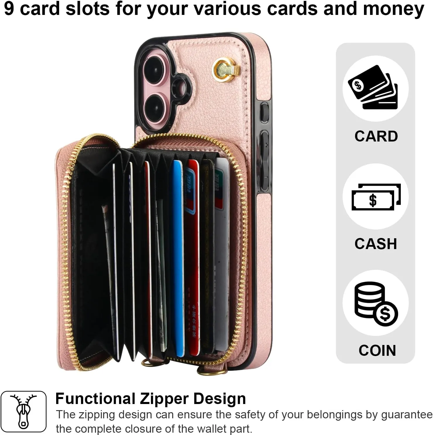 Bocasal Crossbody Wallet Case for iPhone 16, RFID Blocking Leather Purse Case with Card Holder, Protective Handbag Flip Cover with Zipper Wrist Strap Lanyard for Women 5G 6.1 Inch (Rose Gold)
