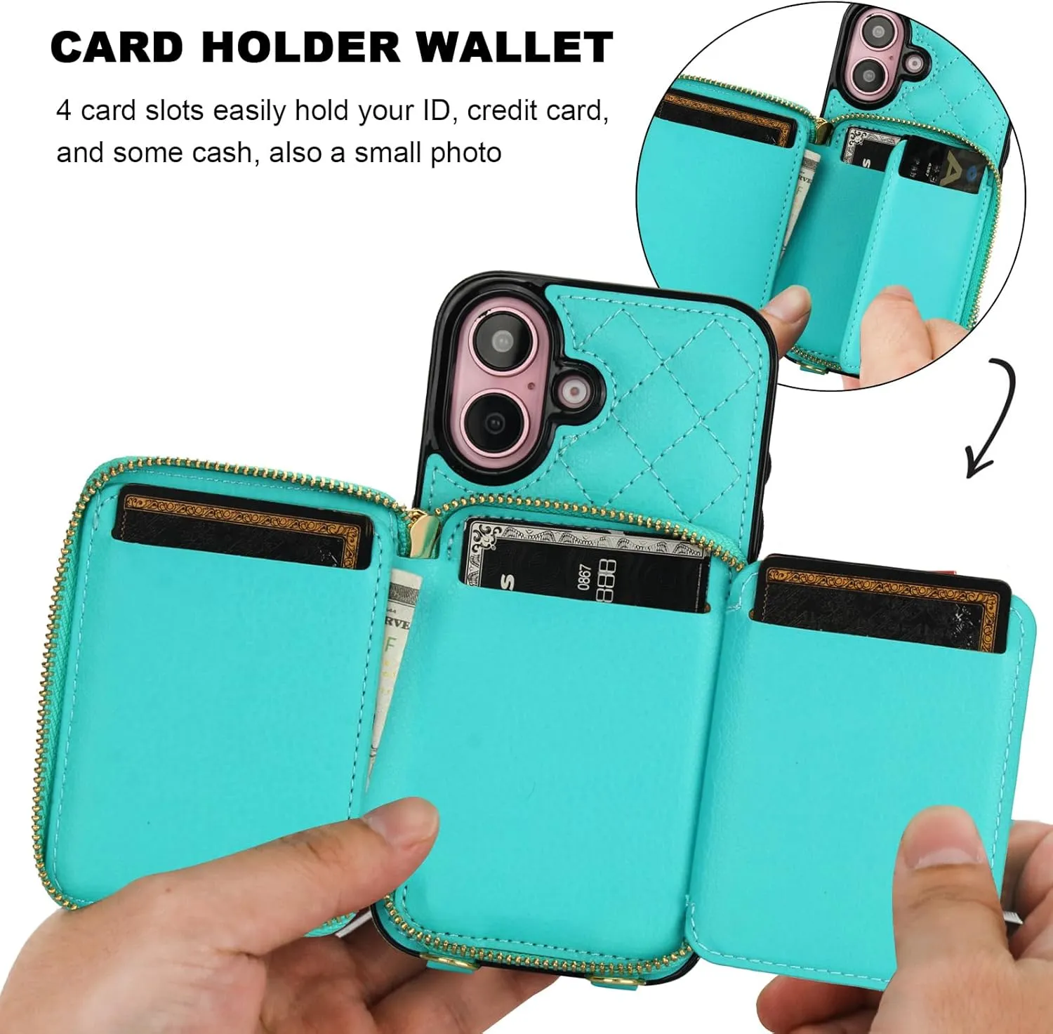 Bocasal Crossbody Wallet Case for iPhone 16, RFID Blocking PU Leather Zipper Handbag Purse Flip Cover, Kickstand Folio Case with Card Slots Holder Wrist Strap Lanyard 5G 6.1 Inch (Mint Green)