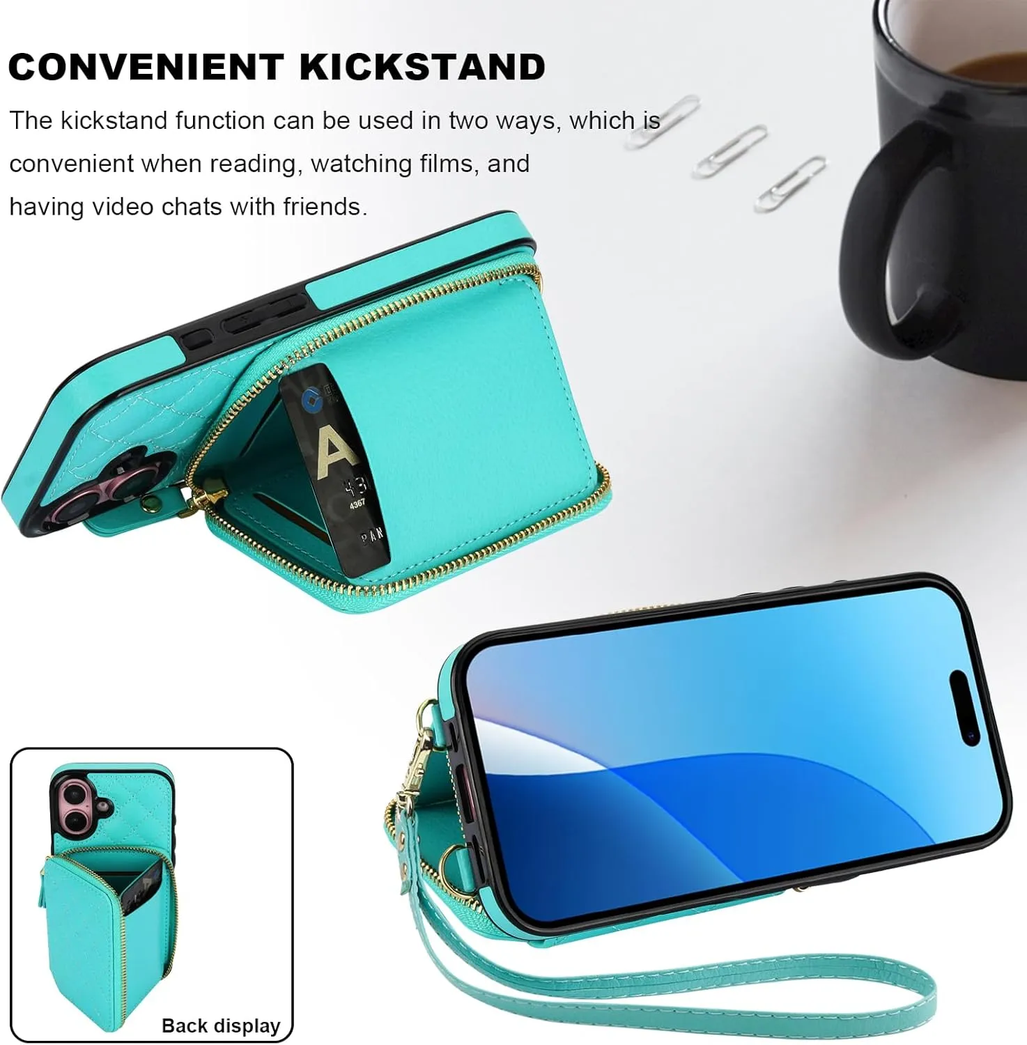 Bocasal Crossbody Wallet Case for iPhone 16, RFID Blocking PU Leather Zipper Handbag Purse Flip Cover, Kickstand Folio Case with Card Slots Holder Wrist Strap Lanyard 5G 6.1 Inch (Mint Green)