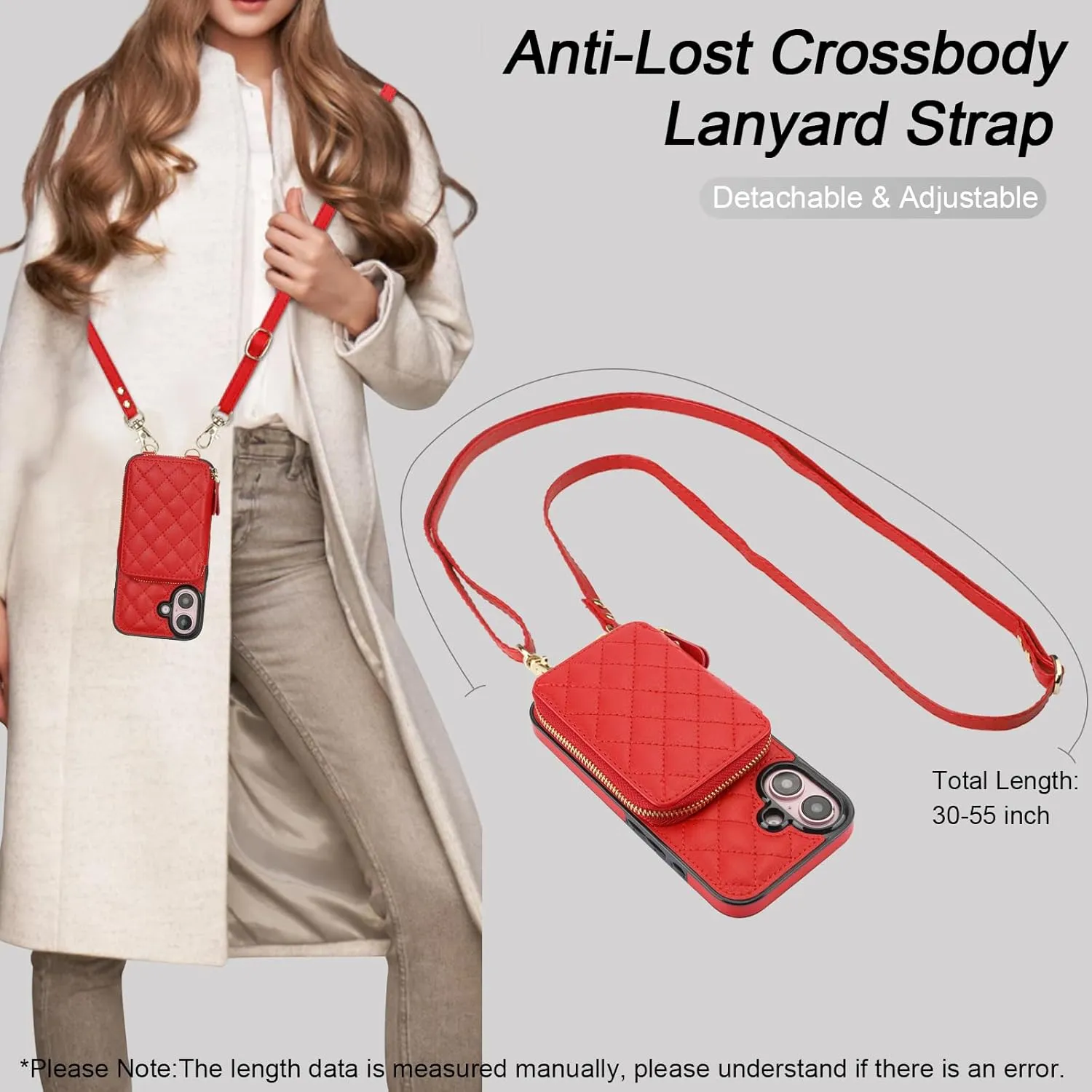 Bocasal Crossbody Wallet Case for iPhone 16, RFID Blocking PU Leather Zipper Handbag Purse Flip Cover, Kickstand Folio Case with Card Slots Holder Wrist Strap Lanyard 5G 6.1 Inch (Red)