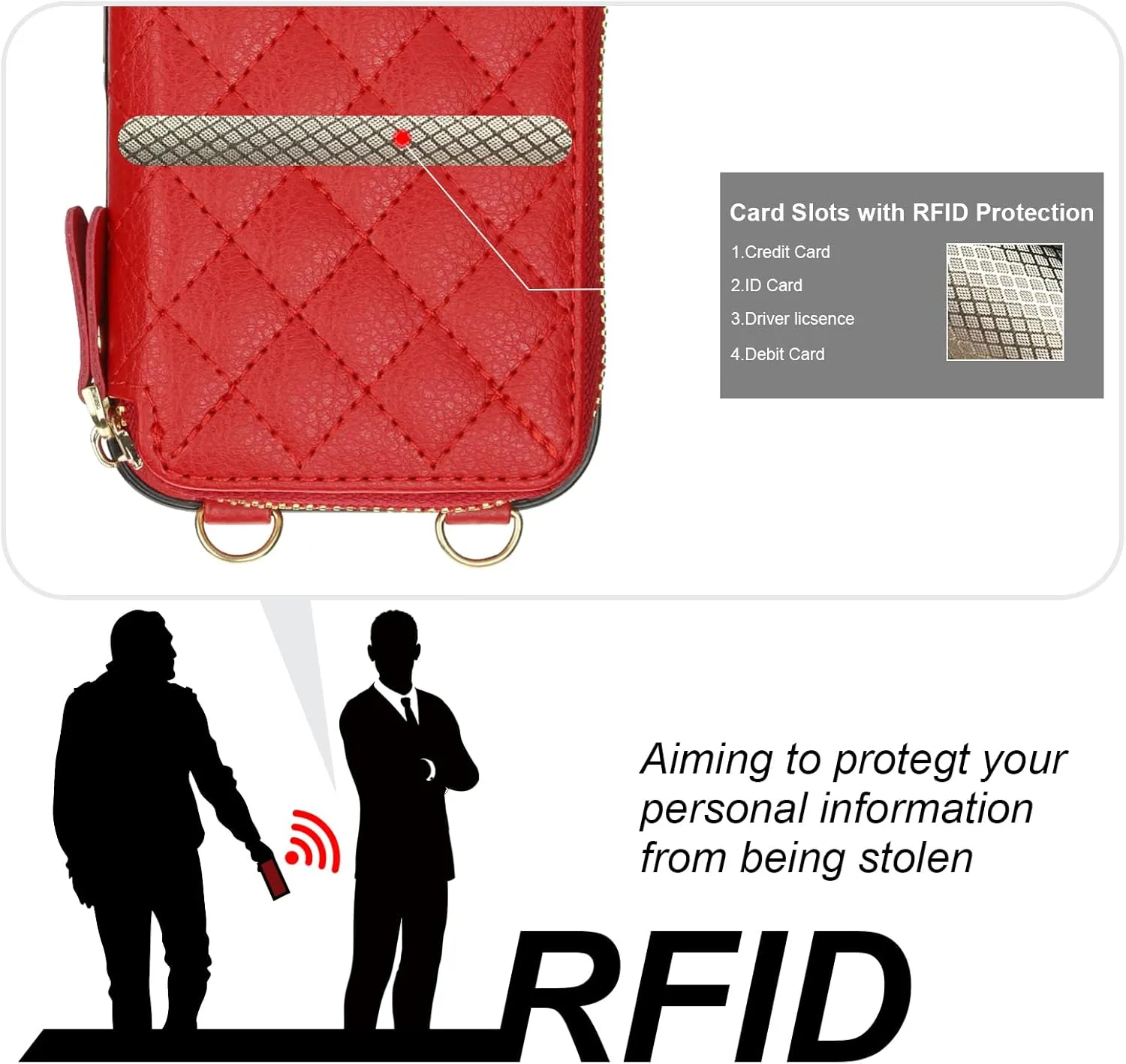Bocasal Crossbody Wallet Case for iPhone 16, RFID Blocking PU Leather Zipper Handbag Purse Flip Cover, Kickstand Folio Case with Card Slots Holder Wrist Strap Lanyard 5G 6.1 Inch (Red)