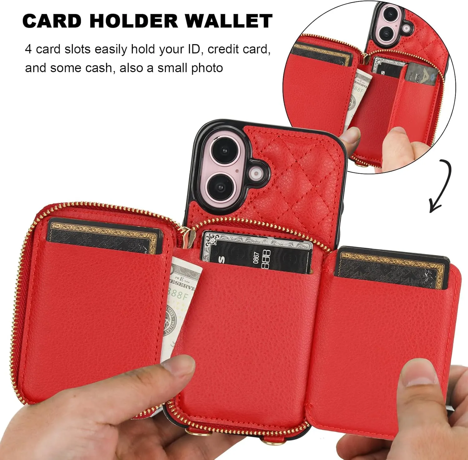 Bocasal Crossbody Wallet Case for iPhone 16, RFID Blocking PU Leather Zipper Handbag Purse Flip Cover, Kickstand Folio Case with Card Slots Holder Wrist Strap Lanyard 5G 6.1 Inch (Red)
