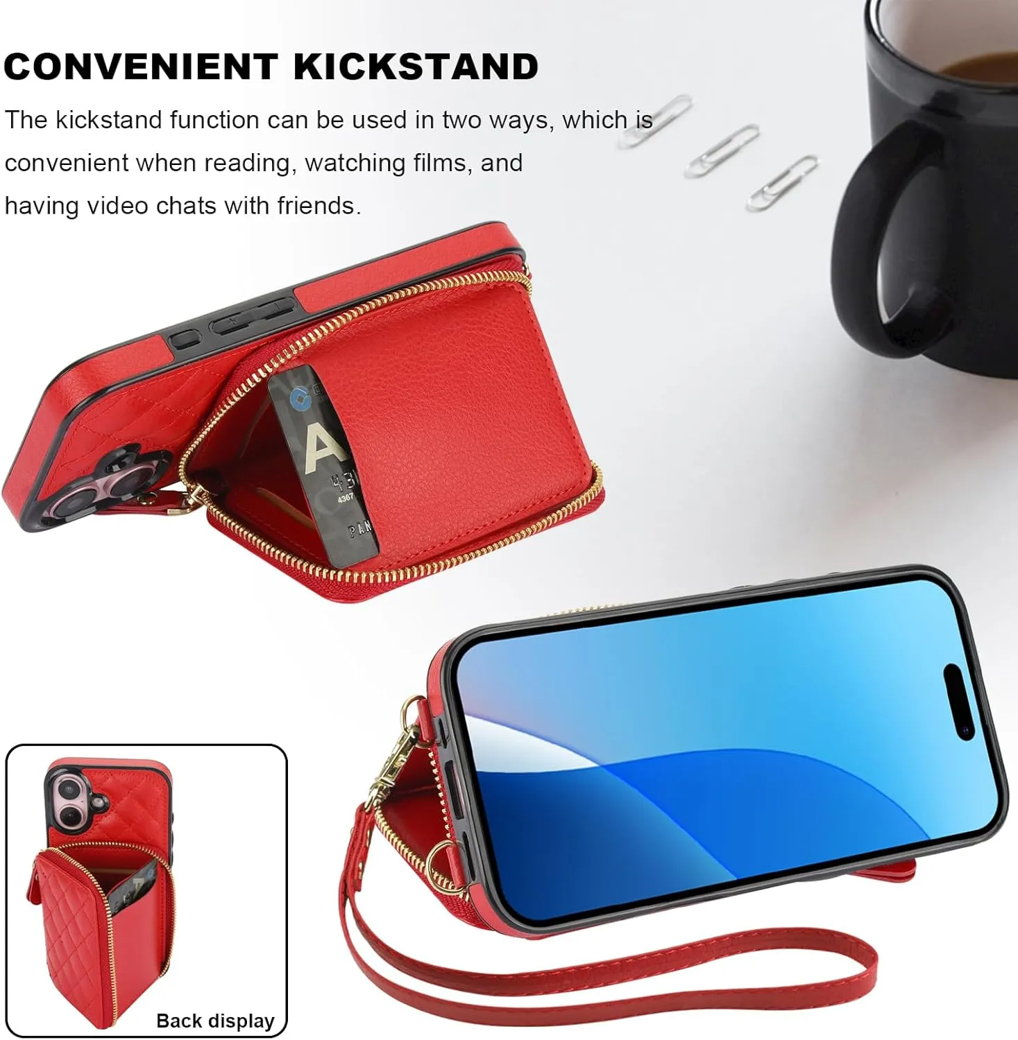 Bocasal Crossbody Wallet Case for iPhone 16, RFID Blocking PU Leather Zipper Handbag Purse Flip Cover, Kickstand Folio Case with Card Slots Holder Wrist Strap Lanyard 5G 6.1 Inch (Red)