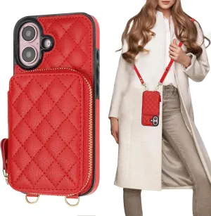 Bocasal Crossbody Wallet Case for iPhone 16, RFID Blocking PU Leather Zipper Handbag Purse Flip Cover, Kickstand Folio Case with Card Slots Holder Wrist Strap Lanyard 5G 6.1 Inch (Red)