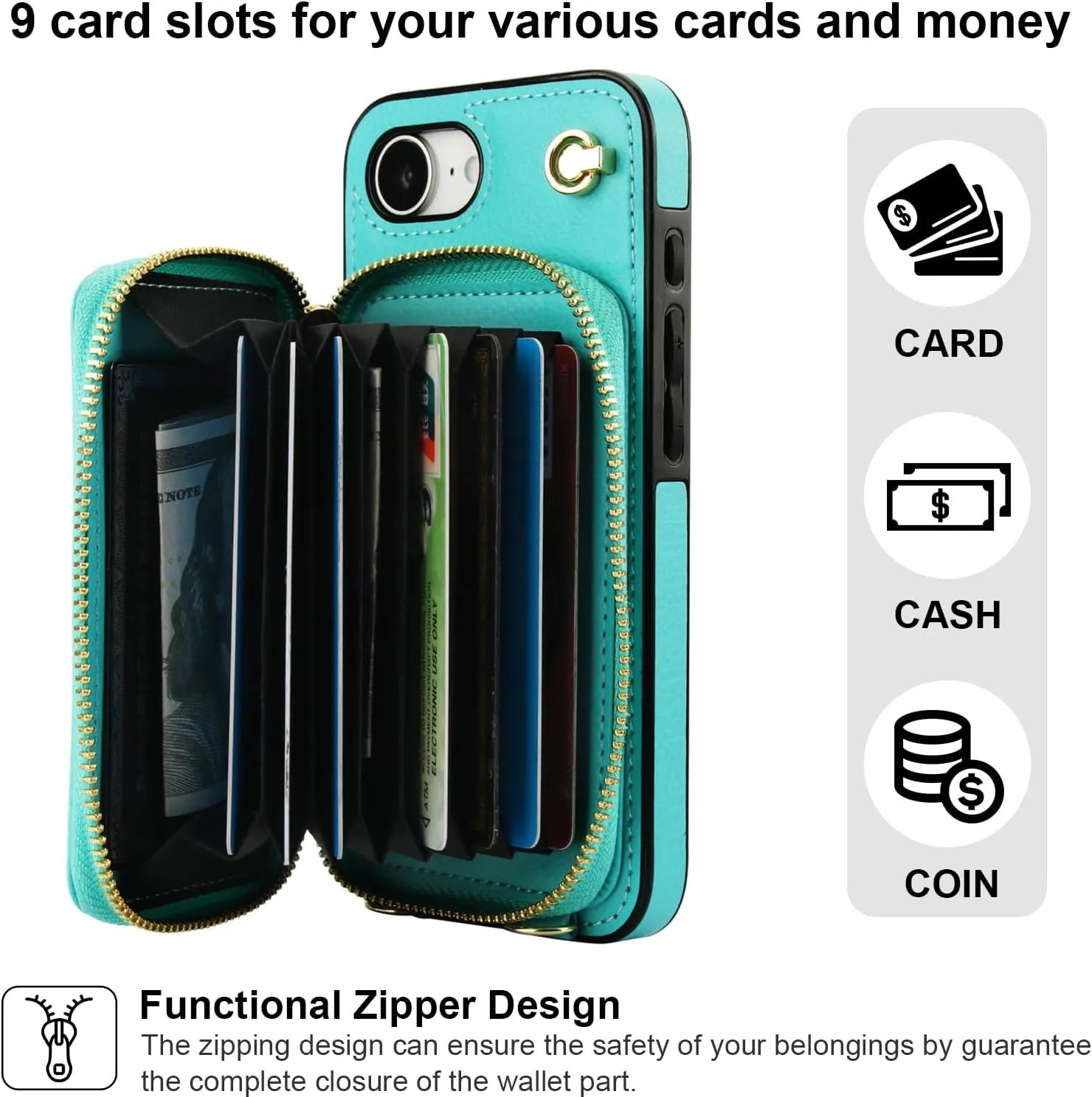 Bocasal Crossbody Wallet Case for iPhone 16e, RFID Blocking Leather Purse Case with Card Holder, Protective Handbag Flip Cover with Zipper Wrist Strap Lanyard for Women 5G 6.1 Inch (Mint Green)