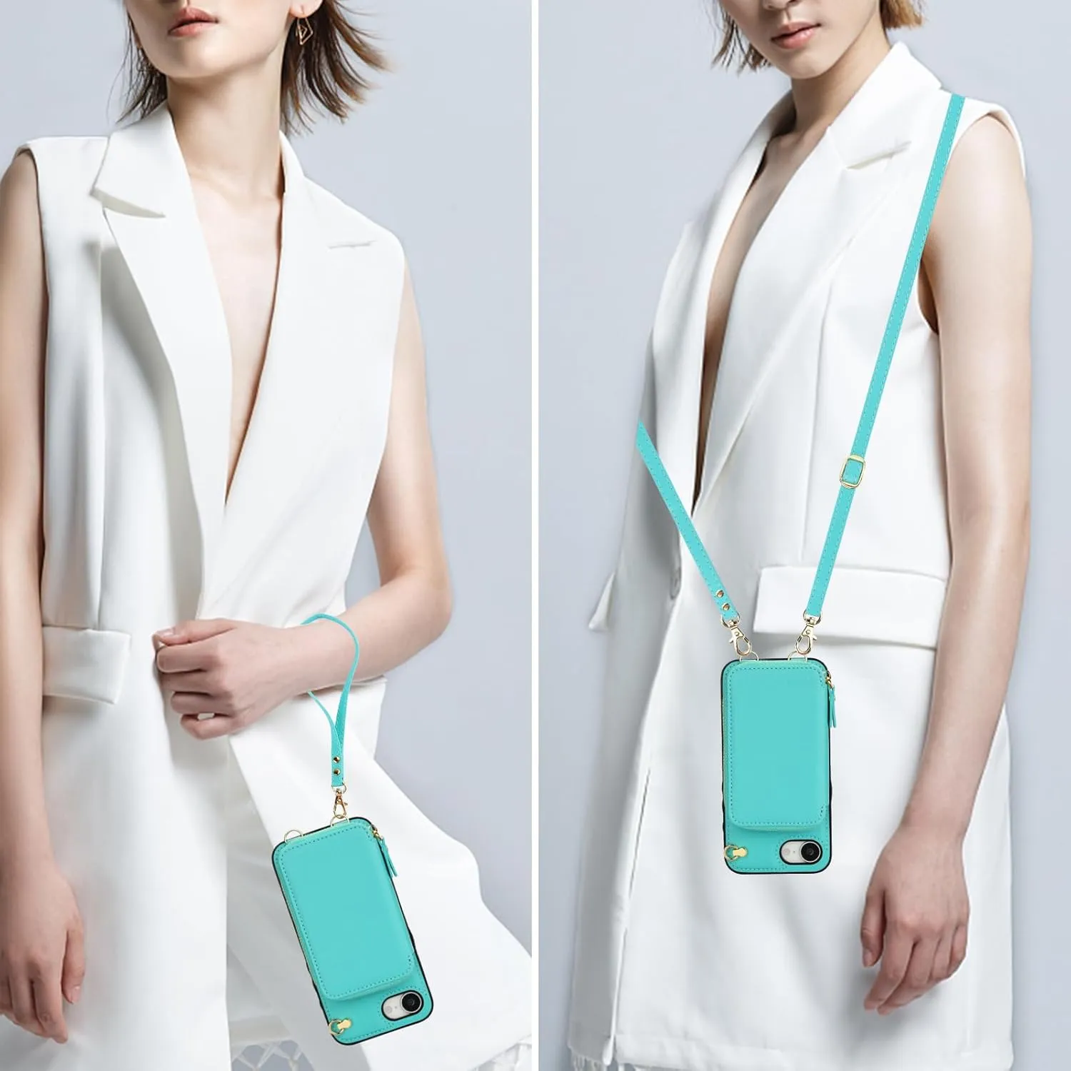 Bocasal Crossbody Wallet Case for iPhone 16e, RFID Blocking Leather Purse Case with Card Holder, Protective Handbag Flip Cover with Zipper Wrist Strap Lanyard for Women 5G 6.1 Inch (Mint Green)