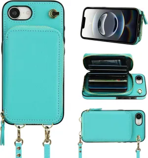 Bocasal Crossbody Wallet Case for iPhone 16e, RFID Blocking Leather Purse Case with Card Holder, Protective Handbag Flip Cover with Zipper Wrist Strap Lanyard for Women 5G 6.1 Inch (Mint Green)