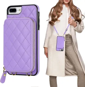 Bocasal Crossbody Wallet Case for iPhone 7/8 Plus, RFID Blocking PU Leather Zipper Handbag Purse Flip Cover, Kickstand Folio Case with Card Slots Holder Wrist Strap Lanyard 5.5 Inch (Purple)