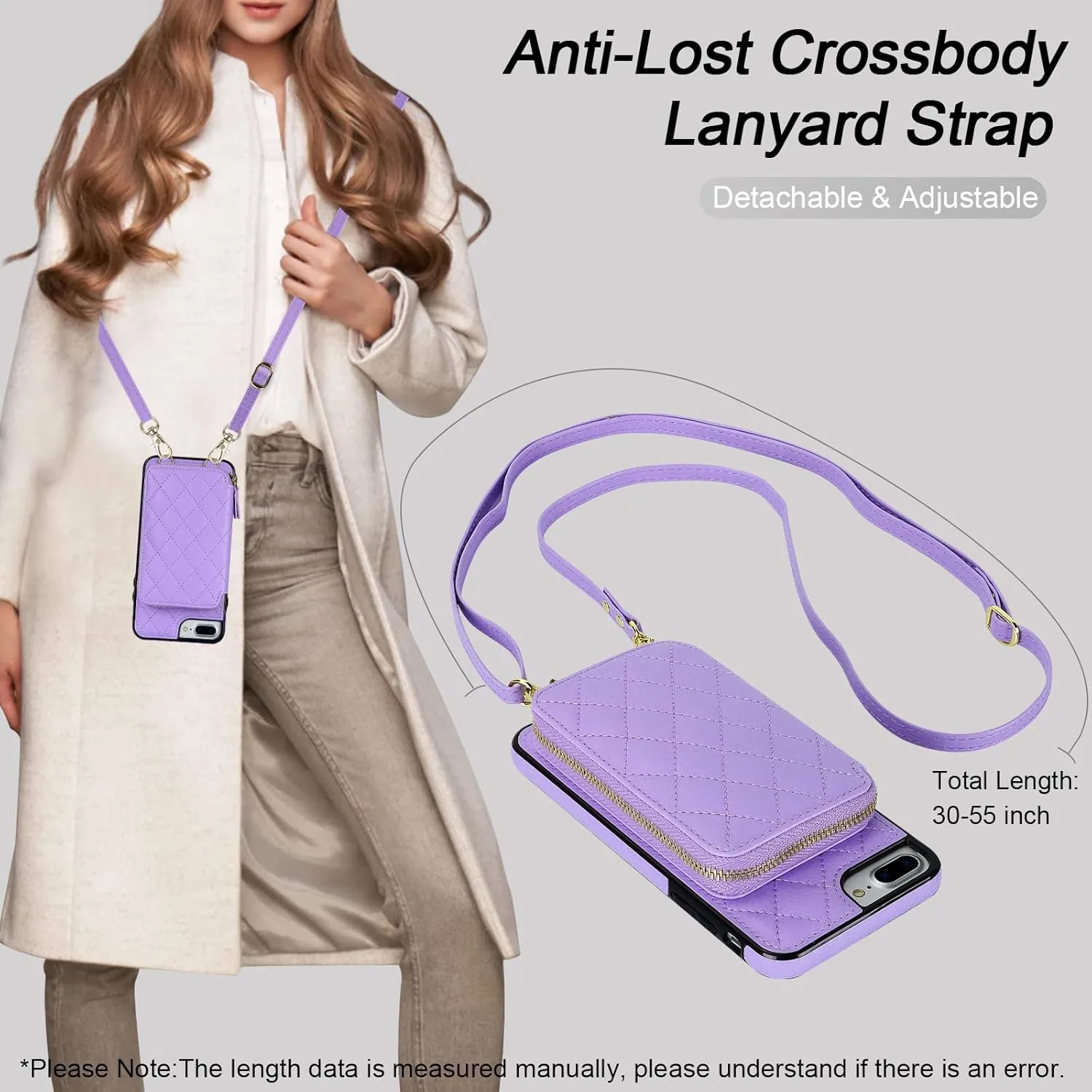 Bocasal Crossbody Wallet Case for iPhone 7/8 Plus, RFID Blocking PU Leather Zipper Handbag Purse Flip Cover, Kickstand Folio Case with Card Slots Holder Wrist Strap Lanyard 5.5 Inch (Purple)