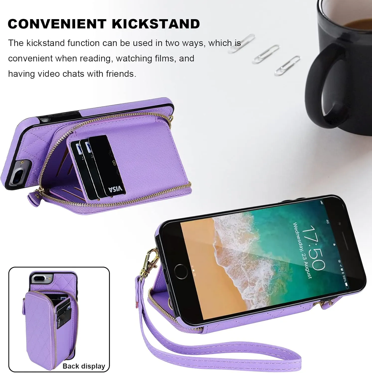 Bocasal Crossbody Wallet Case for iPhone 7/8 Plus, RFID Blocking PU Leather Zipper Handbag Purse Flip Cover, Kickstand Folio Case with Card Slots Holder Wrist Strap Lanyard 5.5 Inch (Purple)