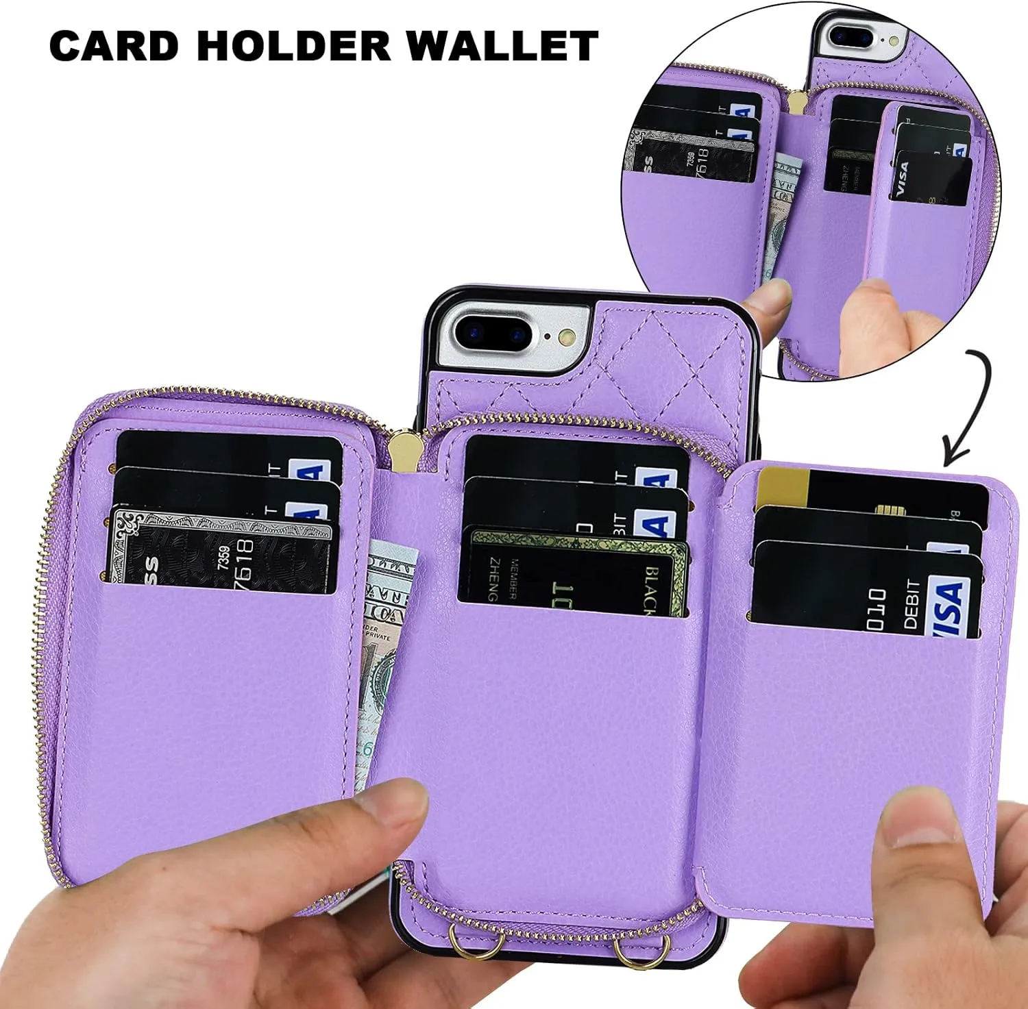 Bocasal Crossbody Wallet Case for iPhone 7/8 Plus, RFID Blocking PU Leather Zipper Handbag Purse Flip Cover, Kickstand Folio Case with Card Slots Holder Wrist Strap Lanyard 5.5 Inch (Purple)