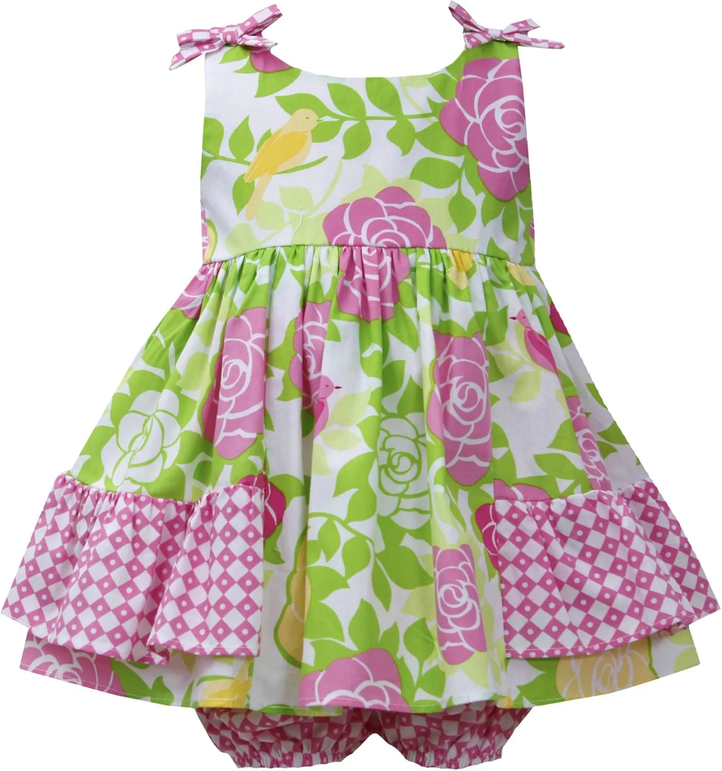 Bonnie Jean Baby-Infant 12M-24M Pink Green Side Ruffle Bow Shoulder Rose Floral Print Dress