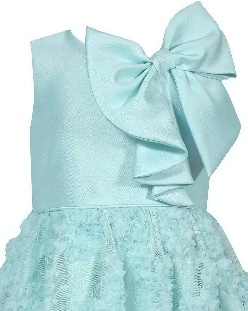 Bonnie Jean Girls 4-16 Aqua Mikado Bonaz Mesh Bow Dress