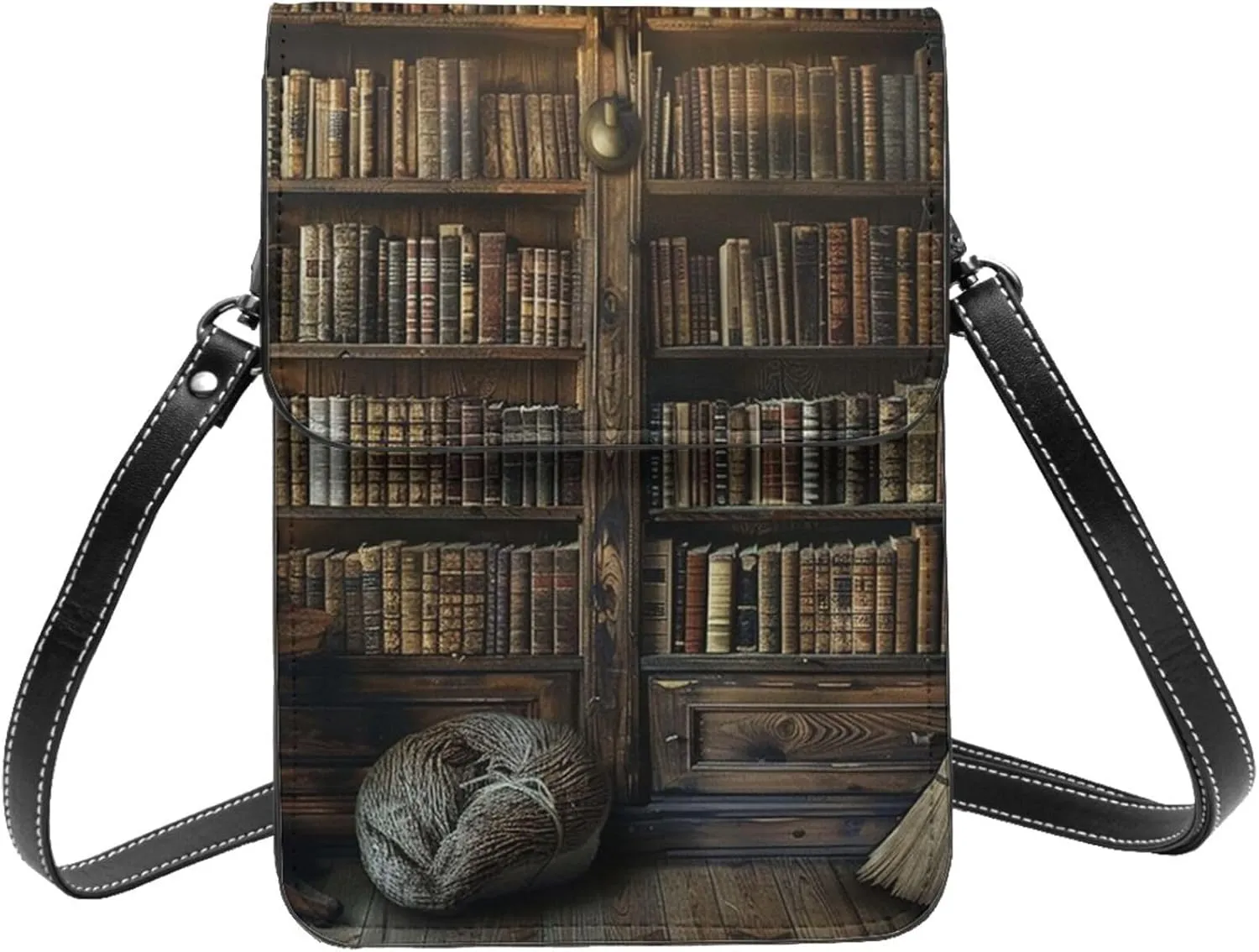 Books Bookshelf Library Magical Artifacts Fantasy Dark Crossbody Cell Phone Purse For Women Teen Girls Leather Small Crossbody Bag Mini Phone Pouch Purse, 7.5x5.3 Inches