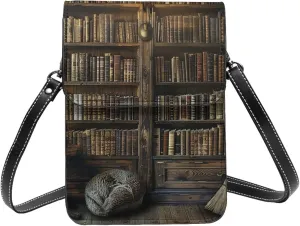 Books Bookshelf Library Magical Artifacts Fantasy Dark Crossbody Cell Phone Purse For Women Teen Girls Leather Small Crossbody Bag Mini Phone Pouch Purse, 7.5x5.3 Inches
