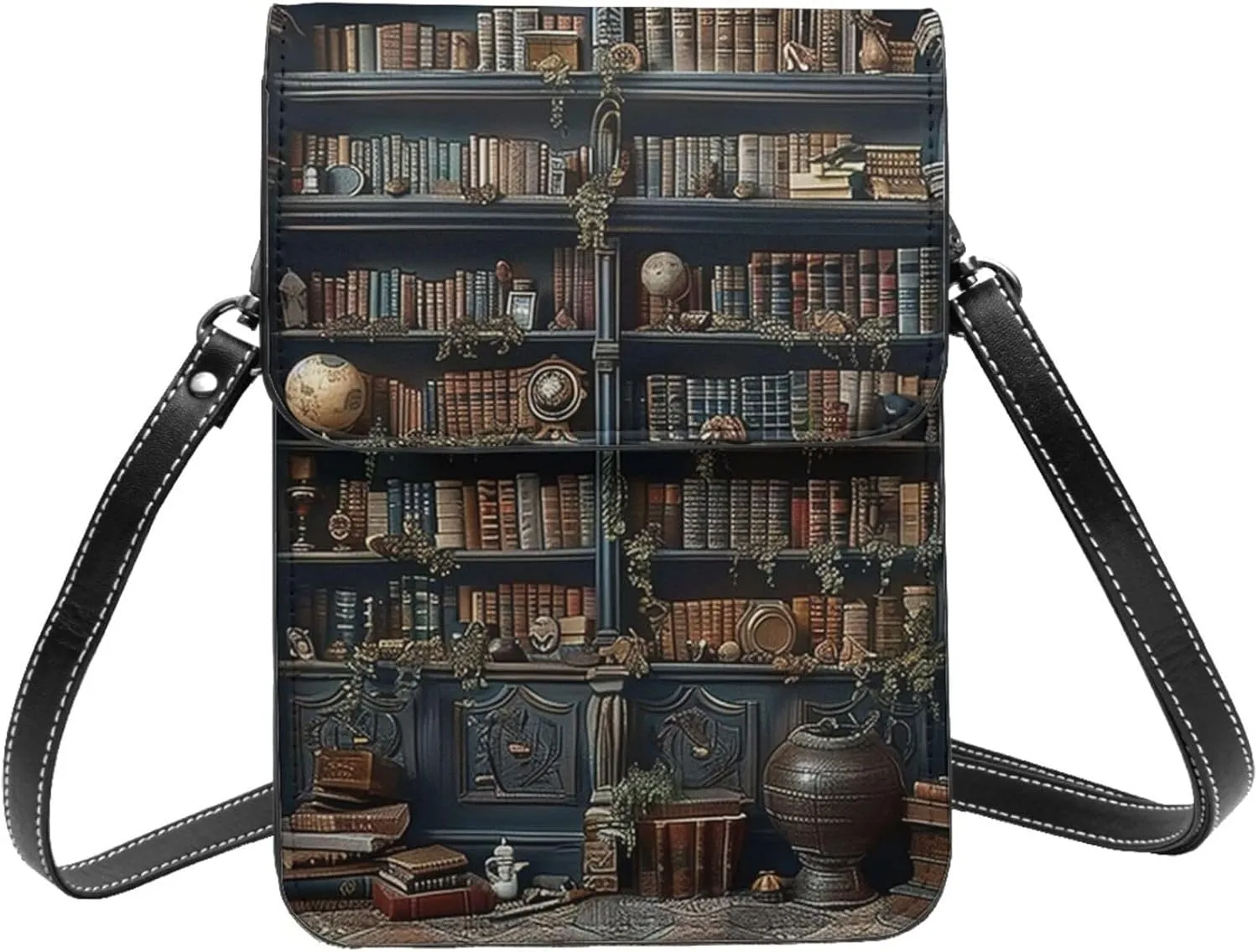 Bookshelf Library Books Fantasy Dark Vintage Crossbody Cell Phone Purse For Women Teen Girls Leather Small Crossbody Bag Mini Phone Pouch Purse, 7.5x5.3 Inches