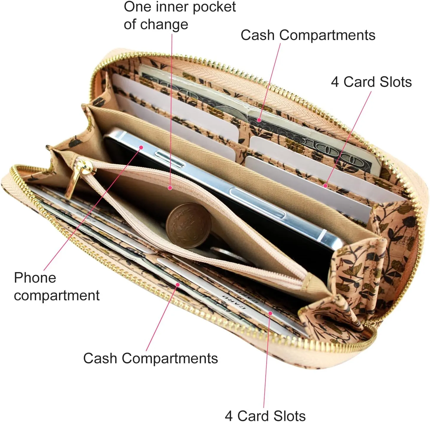 boshiho Cork Vegan Purse Wallet, Women's Smart Phone Clutch Long Purse with Card Holder