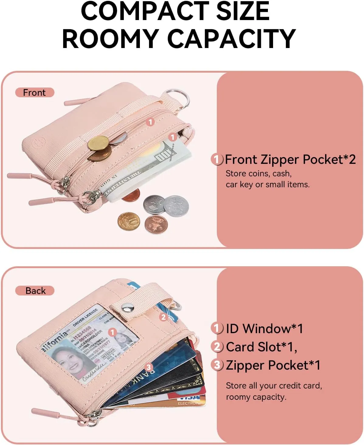 BOSTANTEN Small Wallet RFID, Minimalist Zip ID Case Wallet with Lanyard Keychain, Water Resistant Card Wallets for Women & Men, Pink