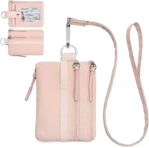 BOSTANTEN Small Wallet RFID, Minimalist Zip ID Case Wallet with Lanyard Keychain, Water Resistant Card Wallets for Women & Men, Pink