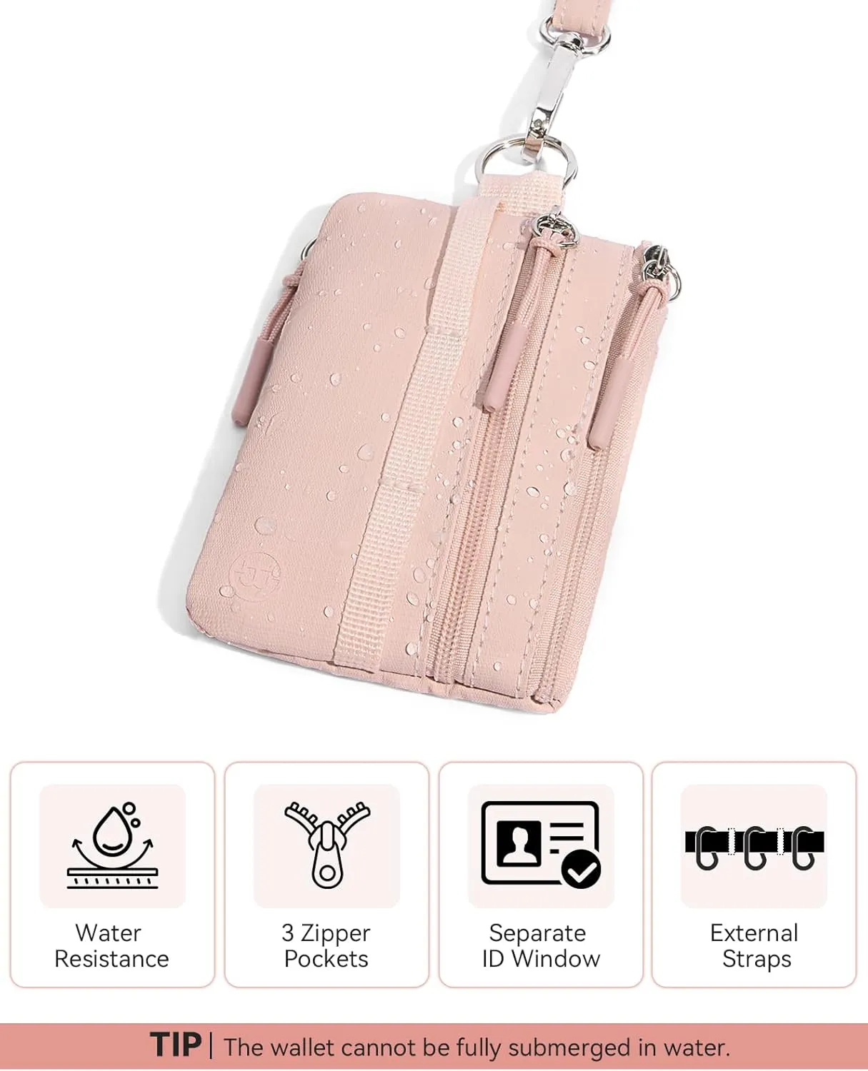 BOSTANTEN Small Wallet RFID, Minimalist Zip ID Case Wallet with Lanyard Keychain, Water Resistant Card Wallets for Women & Men, Pink