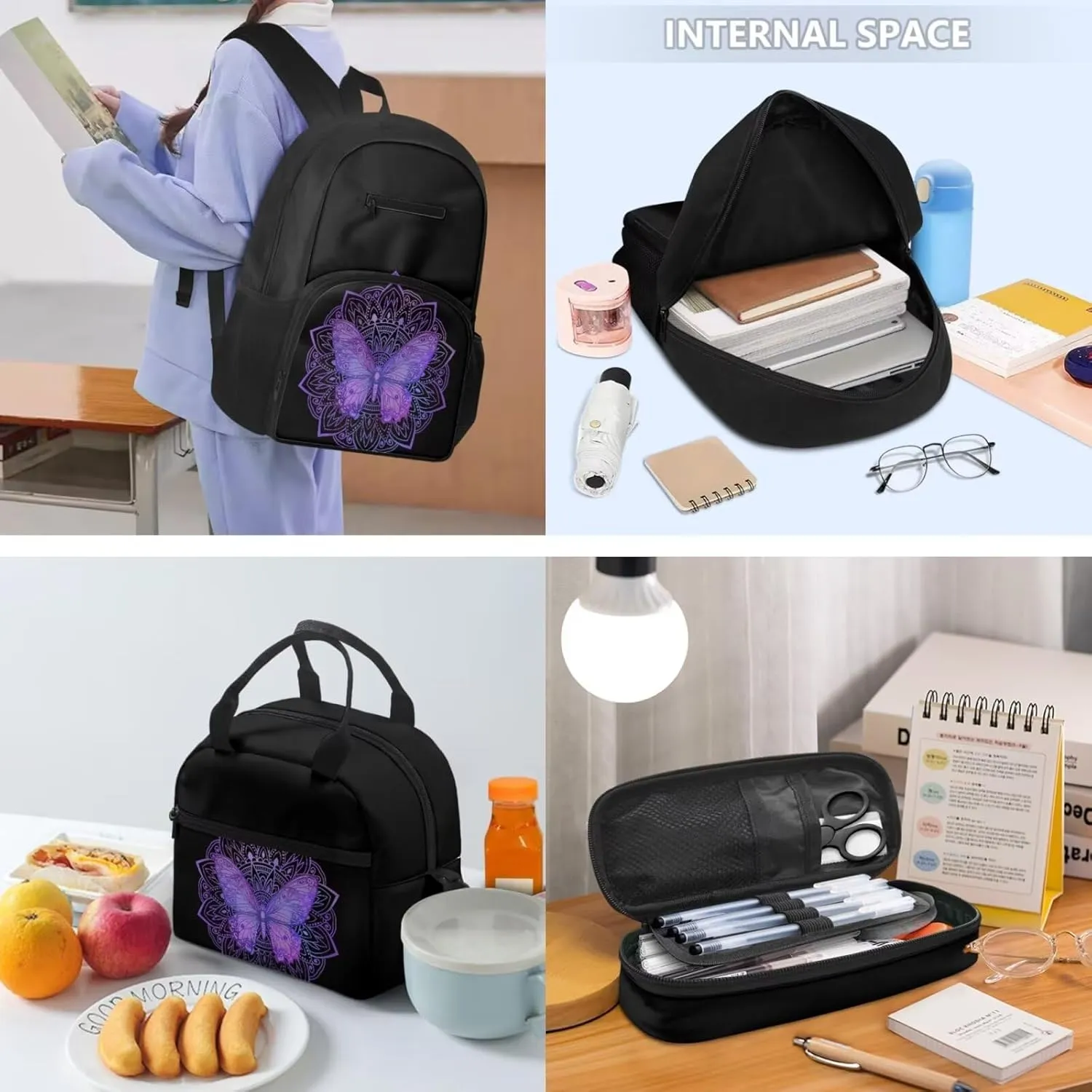 Boys Girls 3pcs Backpack with Lunch Bag & Pencil Pouch, Lightweight 16.9 In School Bag, Tote Lunch Box with Shoulder Strap, Suitable for School, Picnic Trips, Mandala Flower Butterfly Print
