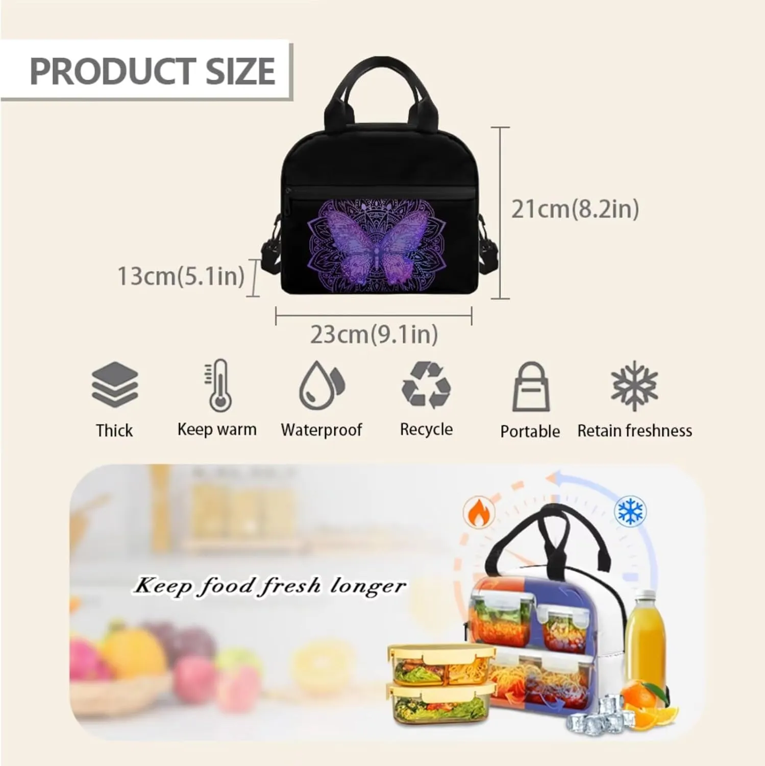 Boys Girls 3pcs Backpack with Lunch Bag & Pencil Pouch, Lightweight 16.9 In School Bag, Tote Lunch Box with Shoulder Strap, Suitable for School, Picnic Trips, Mandala Flower Butterfly Print