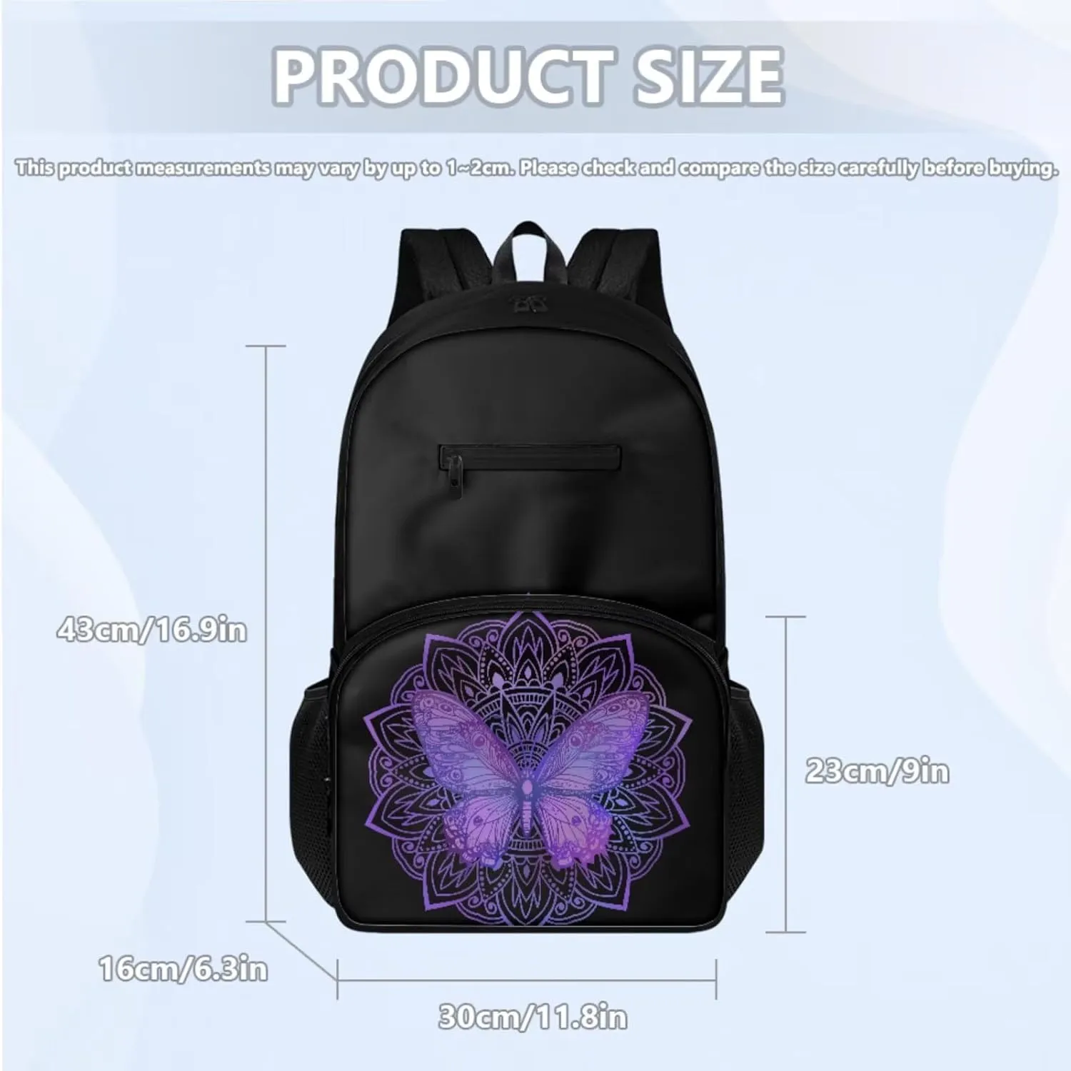 Boys Girls 3pcs Backpack with Lunch Bag & Pencil Pouch, Lightweight 16.9 In School Bag, Tote Lunch Box with Shoulder Strap, Suitable for School, Picnic Trips, Mandala Flower Butterfly Print