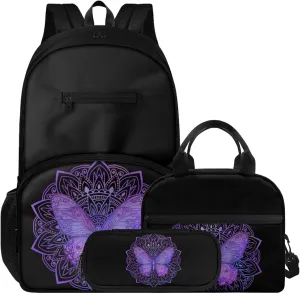Boys Girls 3pcs Backpack with Lunch Bag & Pencil Pouch, Lightweight 16.9 In School Bag, Tote Lunch Box with Shoulder Strap, Suitable for School, Picnic Trips, Mandala Flower Butterfly Print
