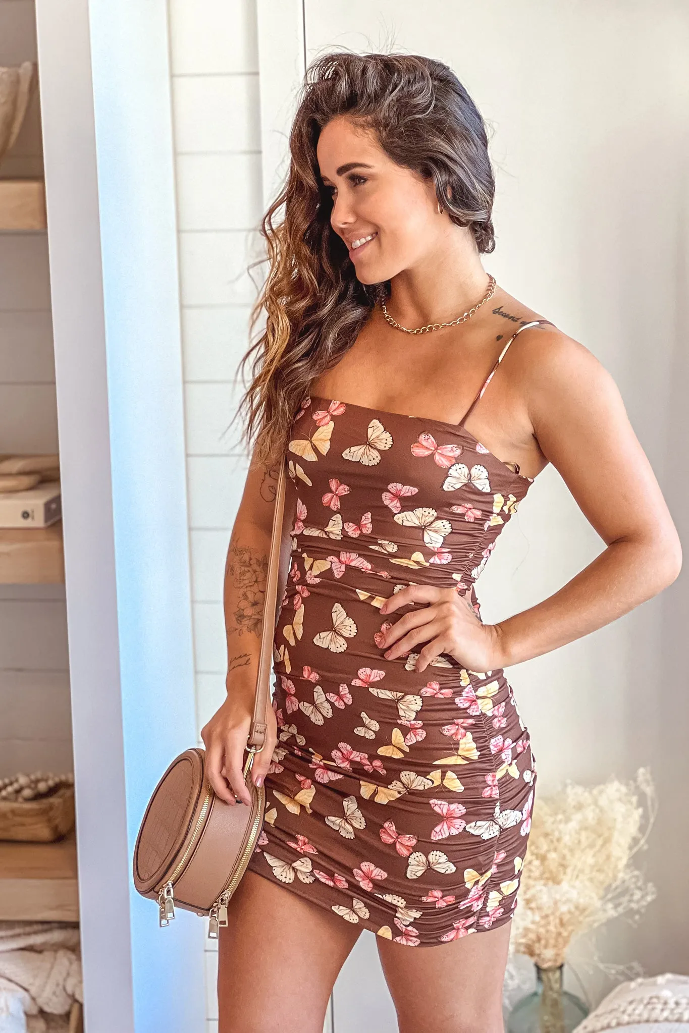 Brown Butterfly Print Ruched Mini Dress