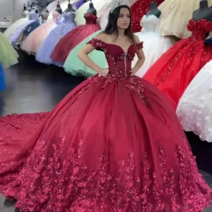 Burgundy Butterfly Quinceanera Dresses Off-Shoulder Luxury Lace Cinderella 16 Princess Gowns Vestidos De 15 Anos