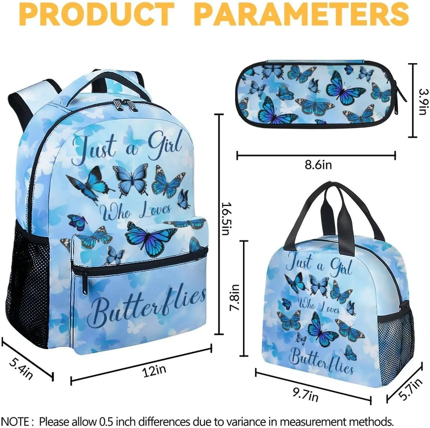 Butterfly Backpack with Lunch Box, Set of 3 School Backpacks Matching Combo for Girls Boys, Cute Blue Bookbags and Pencil Case Bundle
