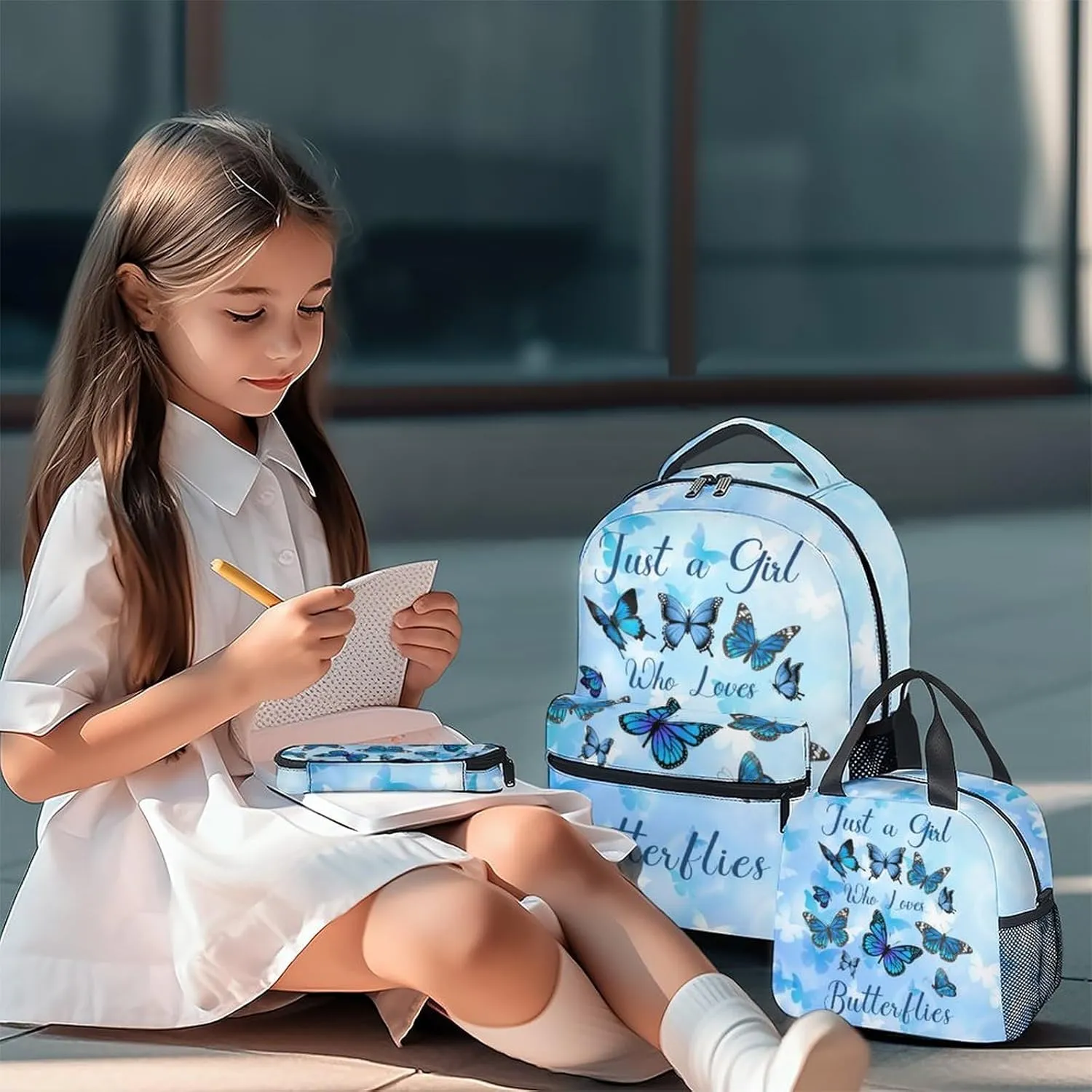 Butterfly Backpack with Lunch Box, Set of 3 School Backpacks Matching Combo for Girls Boys, Cute Blue Bookbags and Pencil Case Bundle