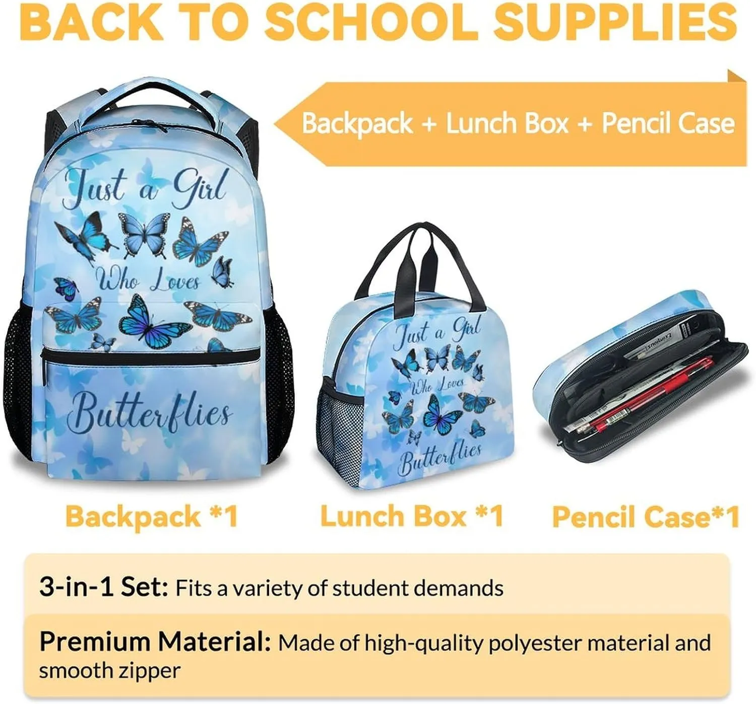 Butterfly Backpack with Lunch Box, Set of 3 School Backpacks Matching Combo for Girls Boys, Cute Blue Bookbags and Pencil Case Bundle